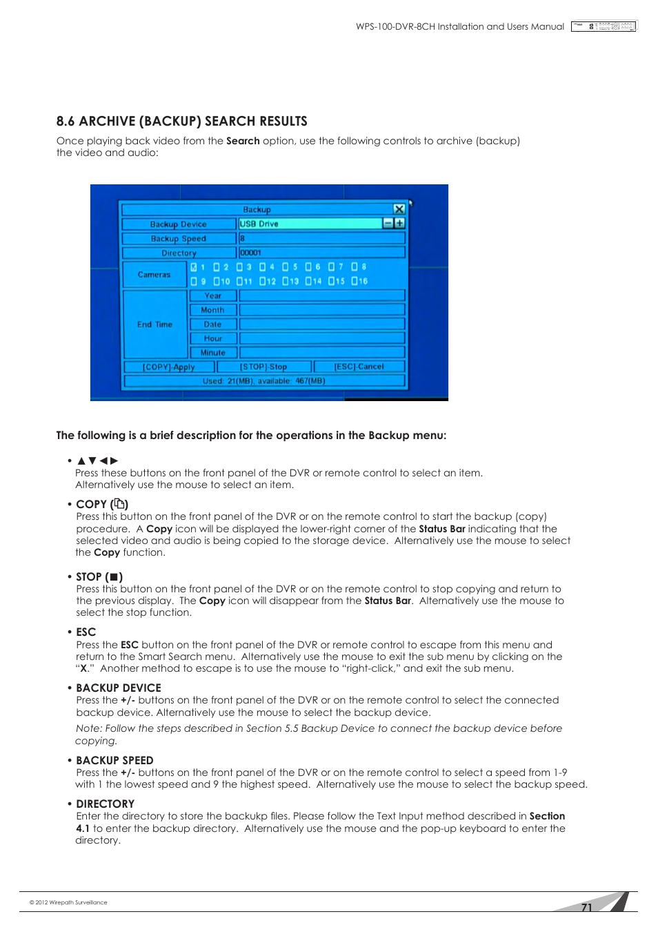 6 archive (backup) search results | Staub Electronics WPS-100-DVR-8CH WIREPATH - 8 CHANNEL DVR W_500GB HDD User Manual | Page 71 / 115