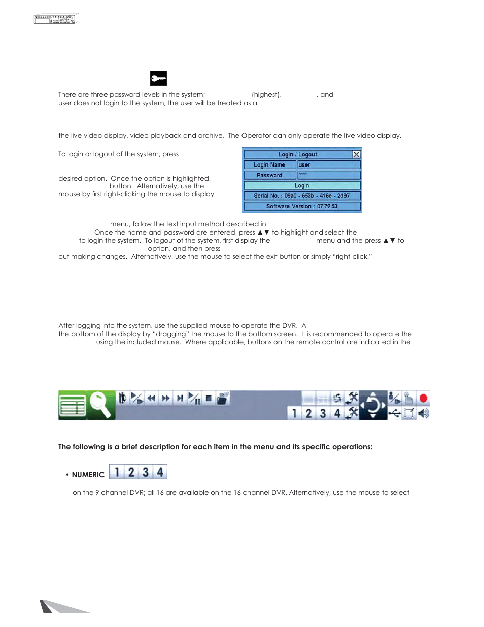 2 login / logout, 3 basic operations using the control bar | Staub Electronics WPS-100-DVR-4CH WIREPATH - 4 CHANNEL DVR W_500GB HDD User Manual | Page 13 / 84