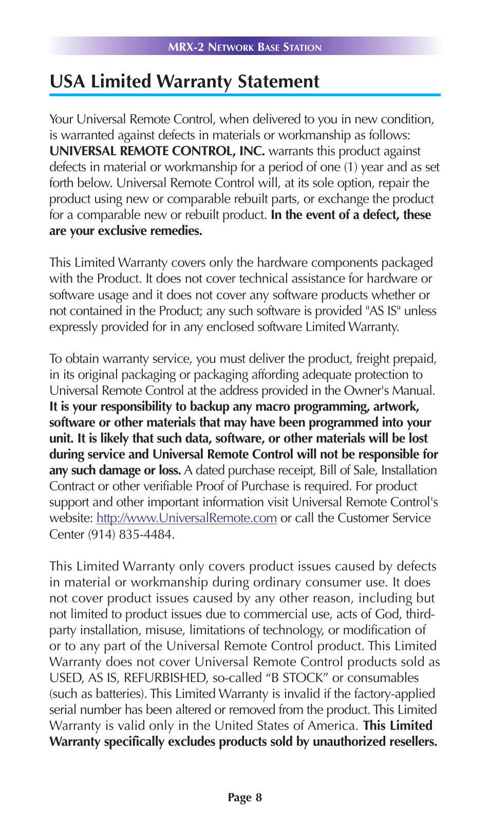 Usa limited warranty statement | Staub Electronics MRX-2 URC - 2 WAY NETWORK BASE STATION WITH ADDITIONAL RS-232 CAPABILITY User Manual | Page 11 / 16