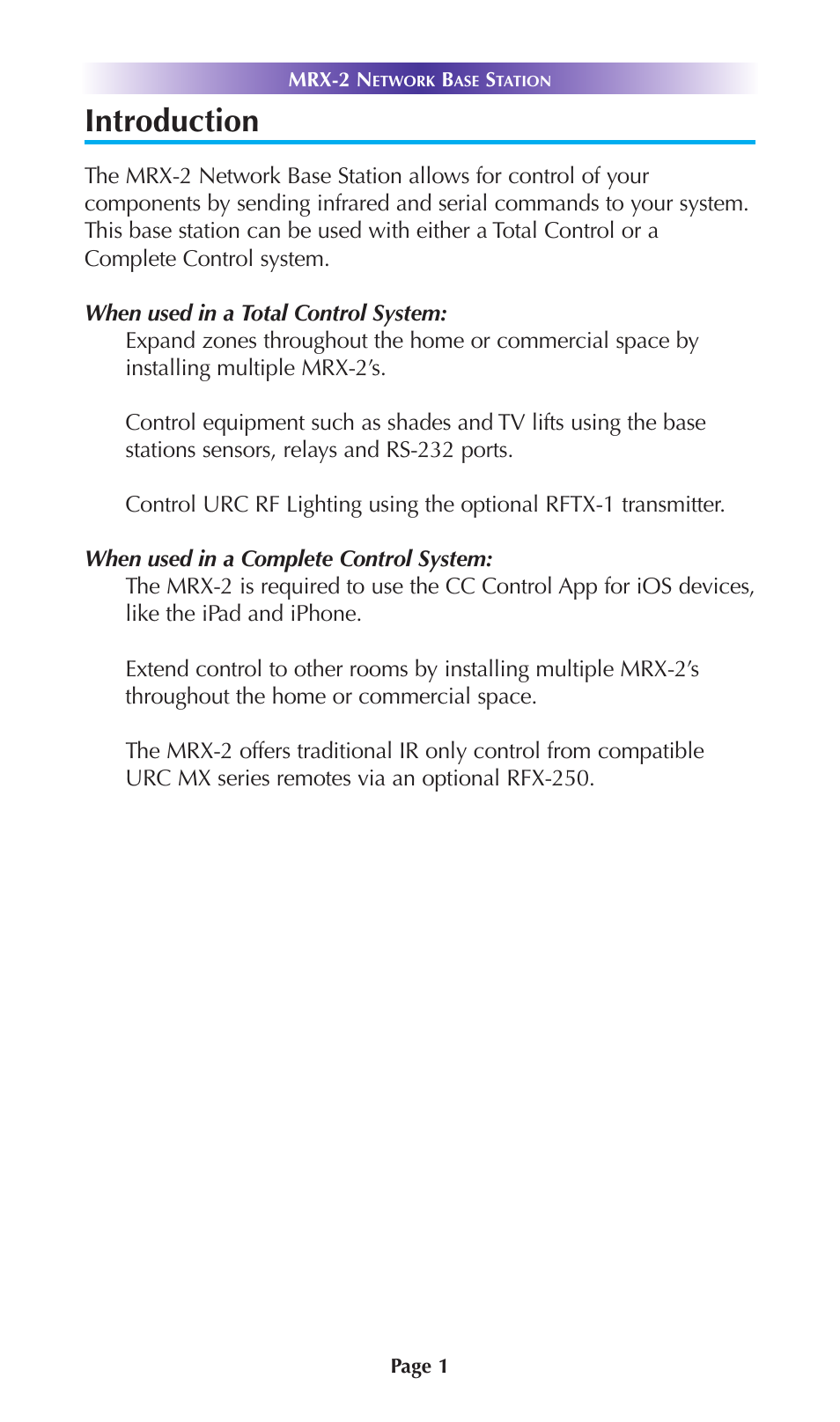 Introduction | Staub Electronics MRX-2 URC - 2 WAY NETWORK BASE STATION WITH ADDITIONAL RS-232 CAPABILITY User Manual | Page 4 / 16