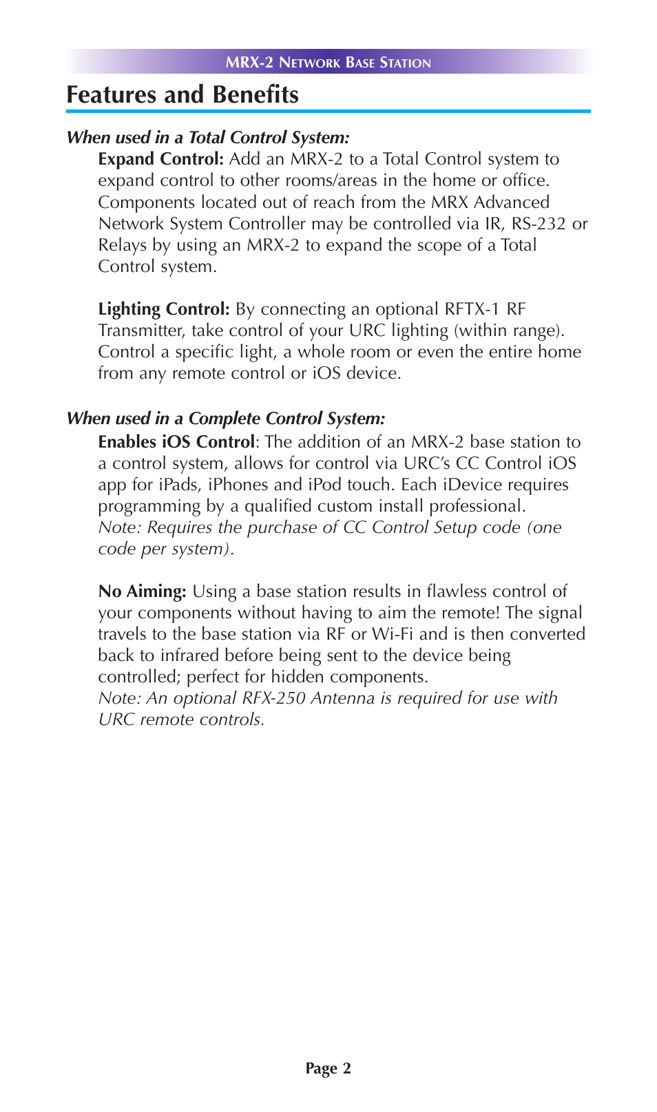 Features and benefits | Staub Electronics MRX-2 URC - 2 WAY NETWORK BASE STATION WITH ADDITIONAL RS-232 CAPABILITY User Manual | Page 5 / 16