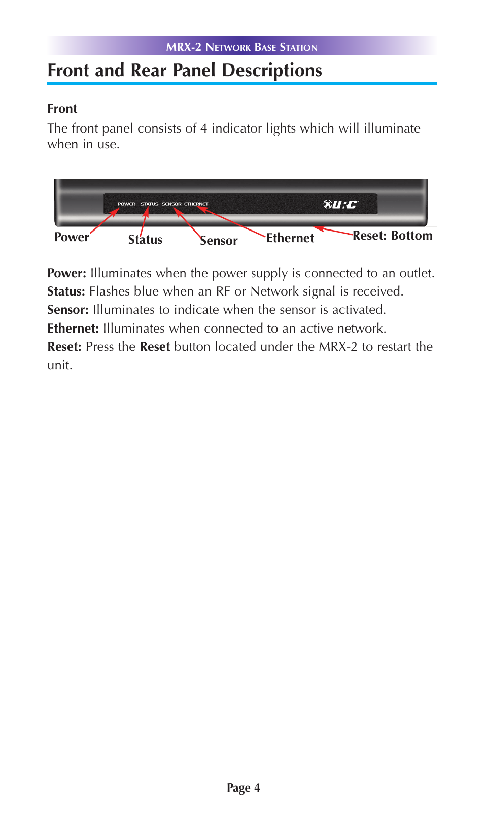 Front and rear panel descriptions | Staub Electronics MRX-2 URC - 2 WAY NETWORK BASE STATION WITH ADDITIONAL RS-232 CAPABILITY User Manual | Page 7 / 16
