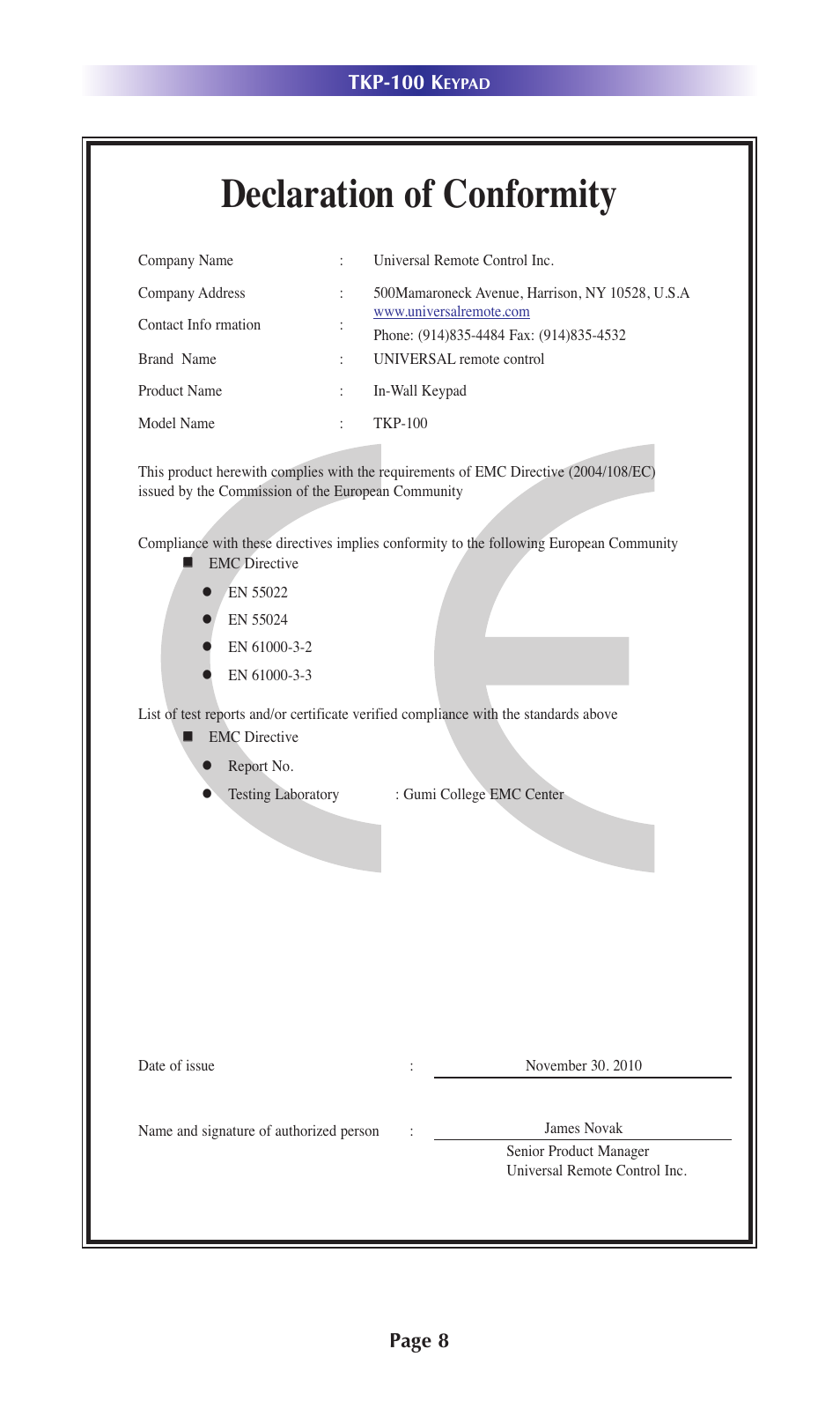 Declaration of conformity, Tkp-100 k, Page 8 | Staub Electronics TKP-100 URC - IN WALL NETWORK KEYPAD User Manual | Page 11 / 12