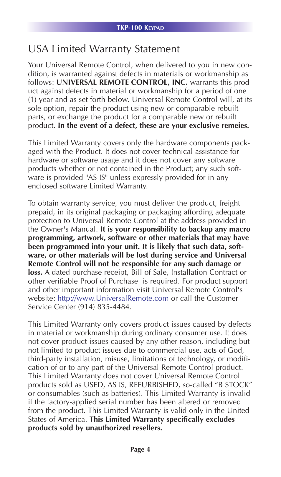 Usa limited warranty statement | Staub Electronics TKP-100 URC - IN WALL NETWORK KEYPAD User Manual | Page 7 / 12