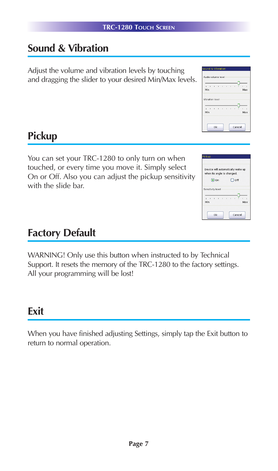 Sound & vibration, Pickup, Factory default | Exit | Staub Electronics TRC-1280 URC - TOTAL CONTROL 2 WAY TEXT FEEDBACK REMOTE W_OLED INTERFACE User Manual | Page 10 / 20