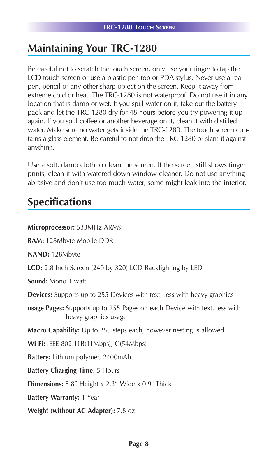 Maintaining your trc-1280, Specifications | Staub Electronics TRC-1280 URC - TOTAL CONTROL 2 WAY TEXT FEEDBACK REMOTE W_OLED INTERFACE User Manual | Page 11 / 20