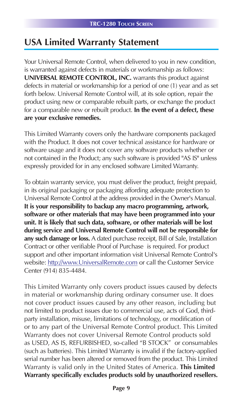 Usa limited warranty statement | Staub Electronics TRC-1280 URC - TOTAL CONTROL 2 WAY TEXT FEEDBACK REMOTE W_OLED INTERFACE User Manual | Page 12 / 20