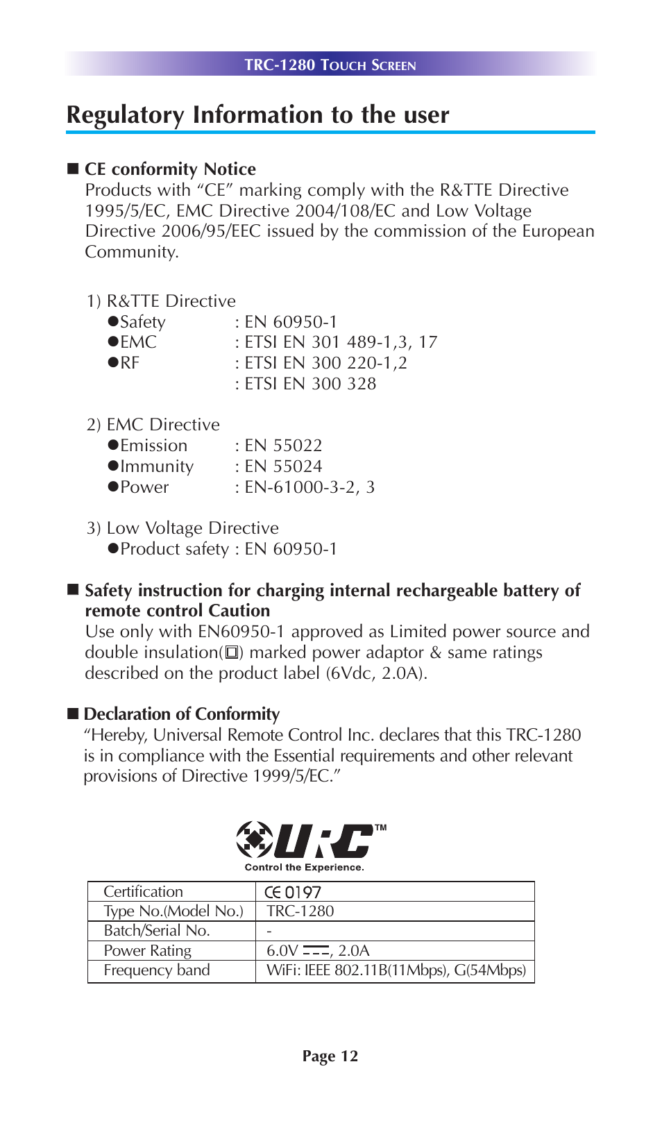 Regulatory information to the user | Staub Electronics TRC-1280 URC - TOTAL CONTROL 2 WAY TEXT FEEDBACK REMOTE W_OLED INTERFACE User Manual | Page 15 / 20