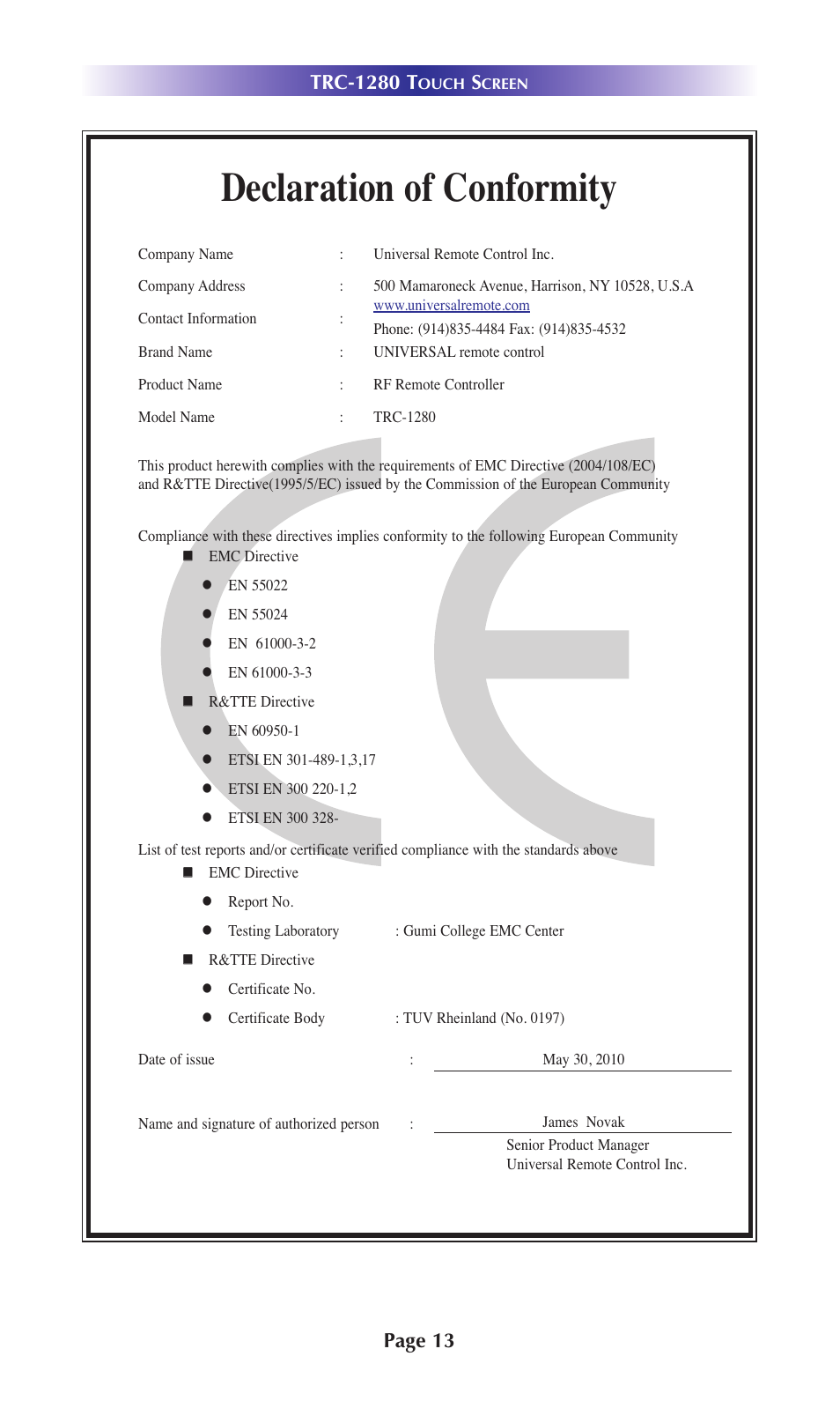 Declaration of conformity | Staub Electronics TRC-1280 URC - TOTAL CONTROL 2 WAY TEXT FEEDBACK REMOTE W_OLED INTERFACE User Manual | Page 16 / 20