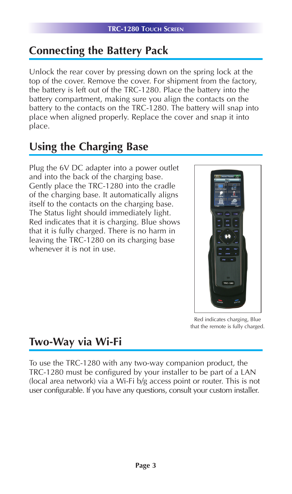 Connecting the battery pack, Using the charging base, Two-way via wi-fi | Staub Electronics TRC-1280 URC - TOTAL CONTROL 2 WAY TEXT FEEDBACK REMOTE W_OLED INTERFACE User Manual | Page 6 / 20