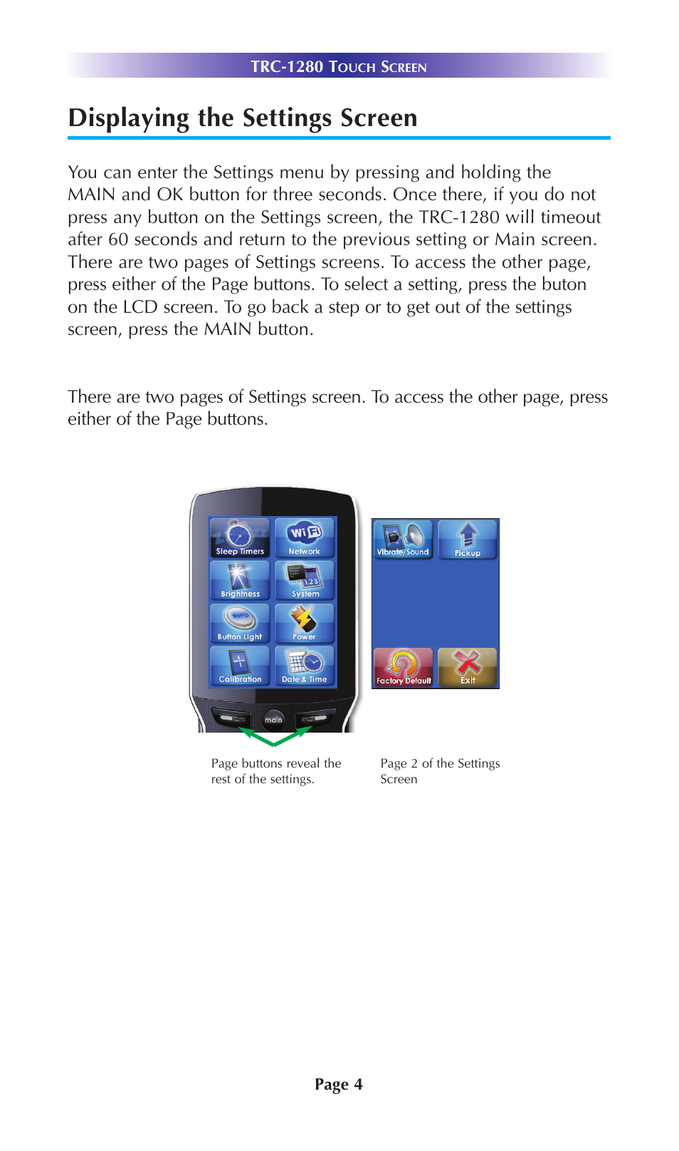 Displaying the settings screen | Staub Electronics TRC-1280 URC - TOTAL CONTROL 2 WAY TEXT FEEDBACK REMOTE W_OLED INTERFACE User Manual | Page 7 / 20