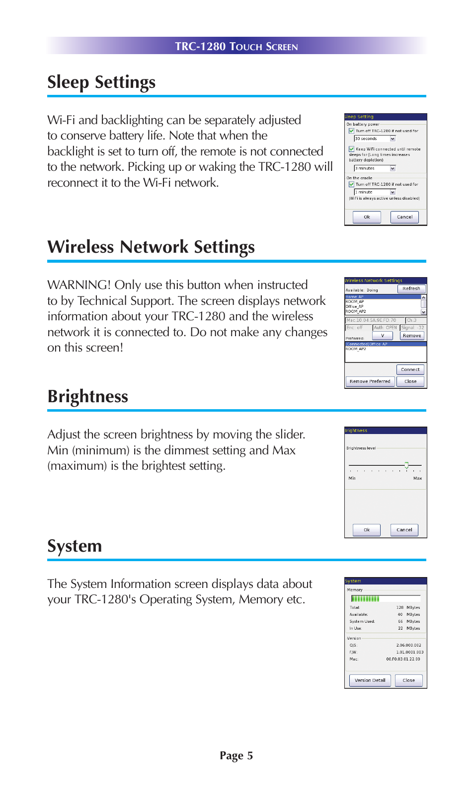 Sleep settings, Wireless network settings, Brightness | System | Staub Electronics TRC-1280 URC - TOTAL CONTROL 2 WAY TEXT FEEDBACK REMOTE W_OLED INTERFACE User Manual | Page 8 / 20