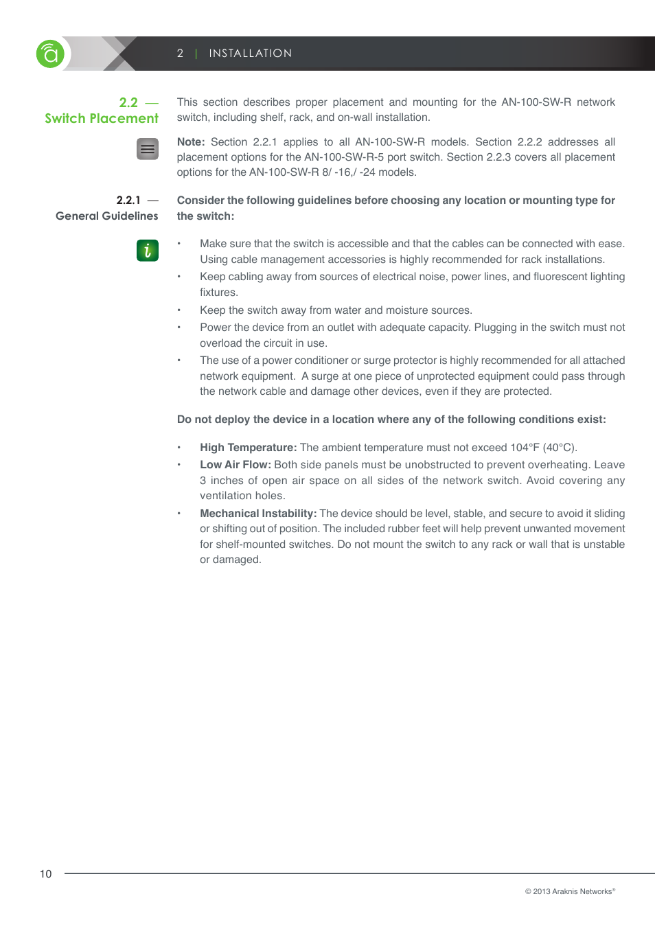 Switch placement, General guidelines, 1 general guidelines | 2 switch placement | Staub Electronics AN-100-SERIES ARAKNIS - 100-SERIES 8-PORT UNMANAGED GIGABIT SWITCH WITH REAR PORTS User Manual | Page 10 / 22