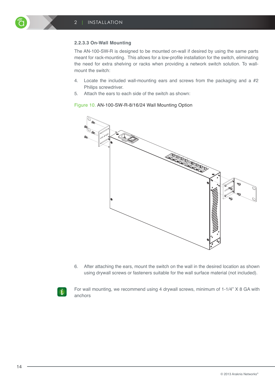 On-wall mounting, 3 on-wall mounting, Figure 10 | An-100-sw-r-8/16/24 wall mounting option | Staub Electronics AN-100-SERIES ARAKNIS - 100-SERIES 8-PORT UNMANAGED GIGABIT SWITCH WITH REAR PORTS User Manual | Page 14 / 22