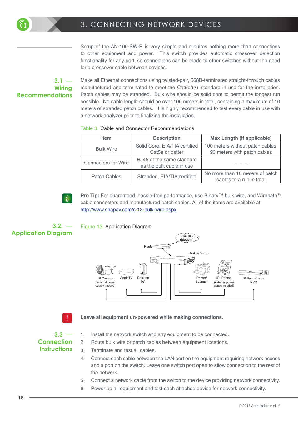 Connecting network devices, Wiring recommendations, Application diagram | Connection instructions, Connecting network, Devices, 1 wiring recommendations, 2 application diagram, 3 connection instructions, Table 3 | Staub Electronics AN-100-SERIES ARAKNIS - 100-SERIES 8-PORT UNMANAGED GIGABIT SWITCH WITH REAR PORTS User Manual | Page 16 / 22