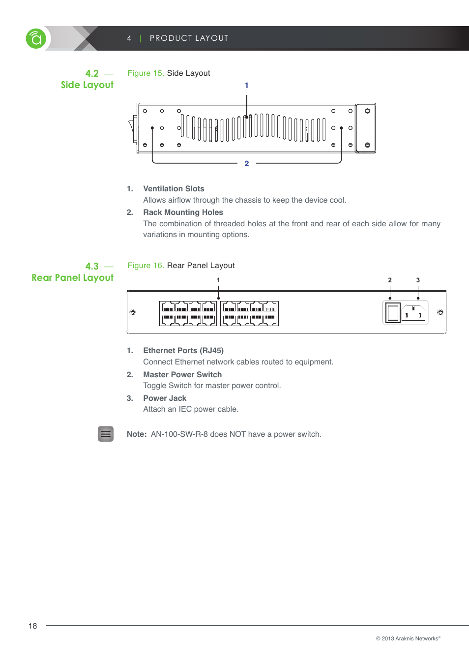 Side layout, Rear panel layout, 2 side layout | 3 rear panel layout, Figure 15, 2 — side layout 4.3 — rear panel layout | Staub Electronics AN-100-SERIES ARAKNIS - 100-SERIES 8-PORT UNMANAGED GIGABIT SWITCH WITH REAR PORTS User Manual | Page 18 / 22