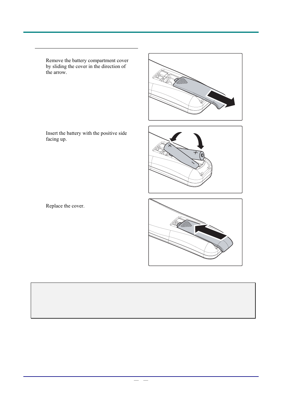 Inserting the remote control batteries | Staub Electronics D803-3D VIVITEK - 3D DIGITAL PROJECTOR (3600 LUMENS) User Manual | Page 16 / 59