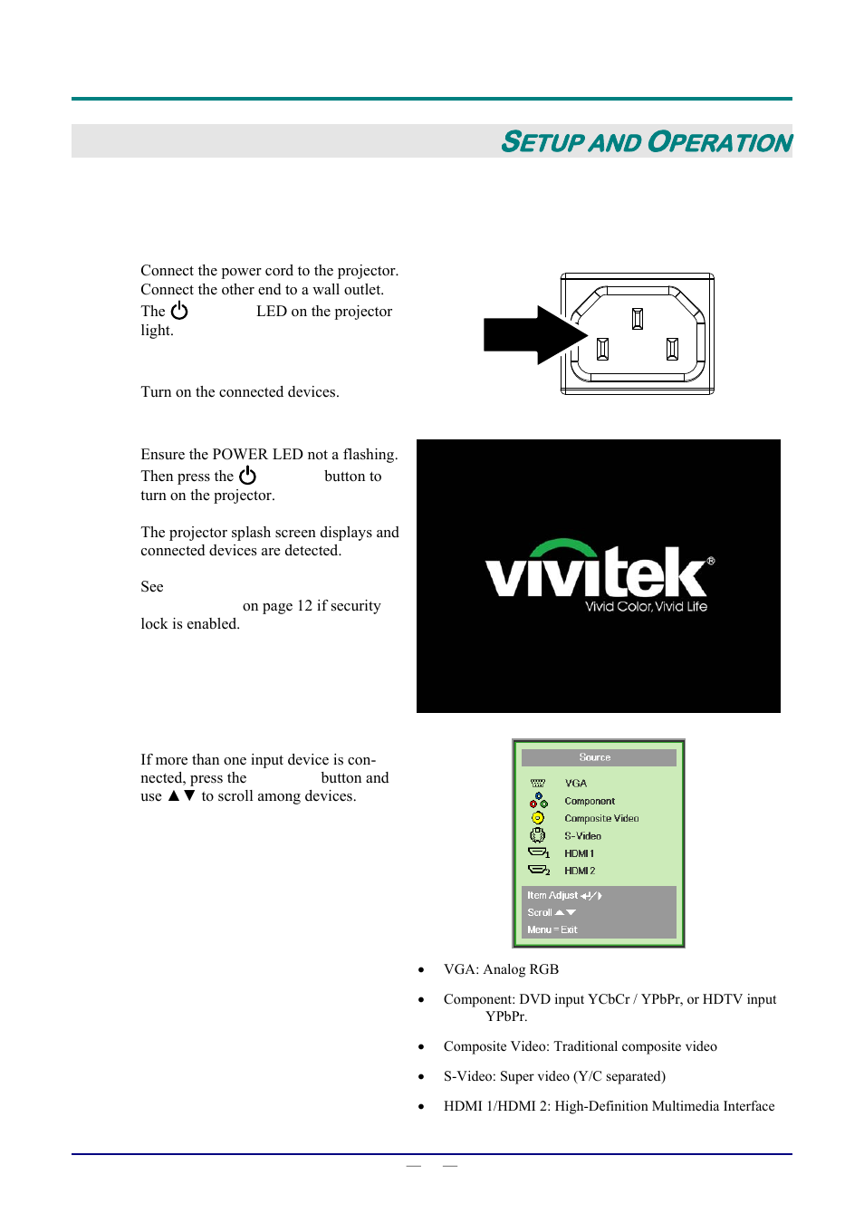 Setup and operation, Starting and shutting down the projector, Tarting and | Hutting down the, Rojector, Etup and, Peration | Staub Electronics D803-3D VIVITEK - 3D DIGITAL PROJECTOR (3600 LUMENS) User Manual | Page 18 / 59