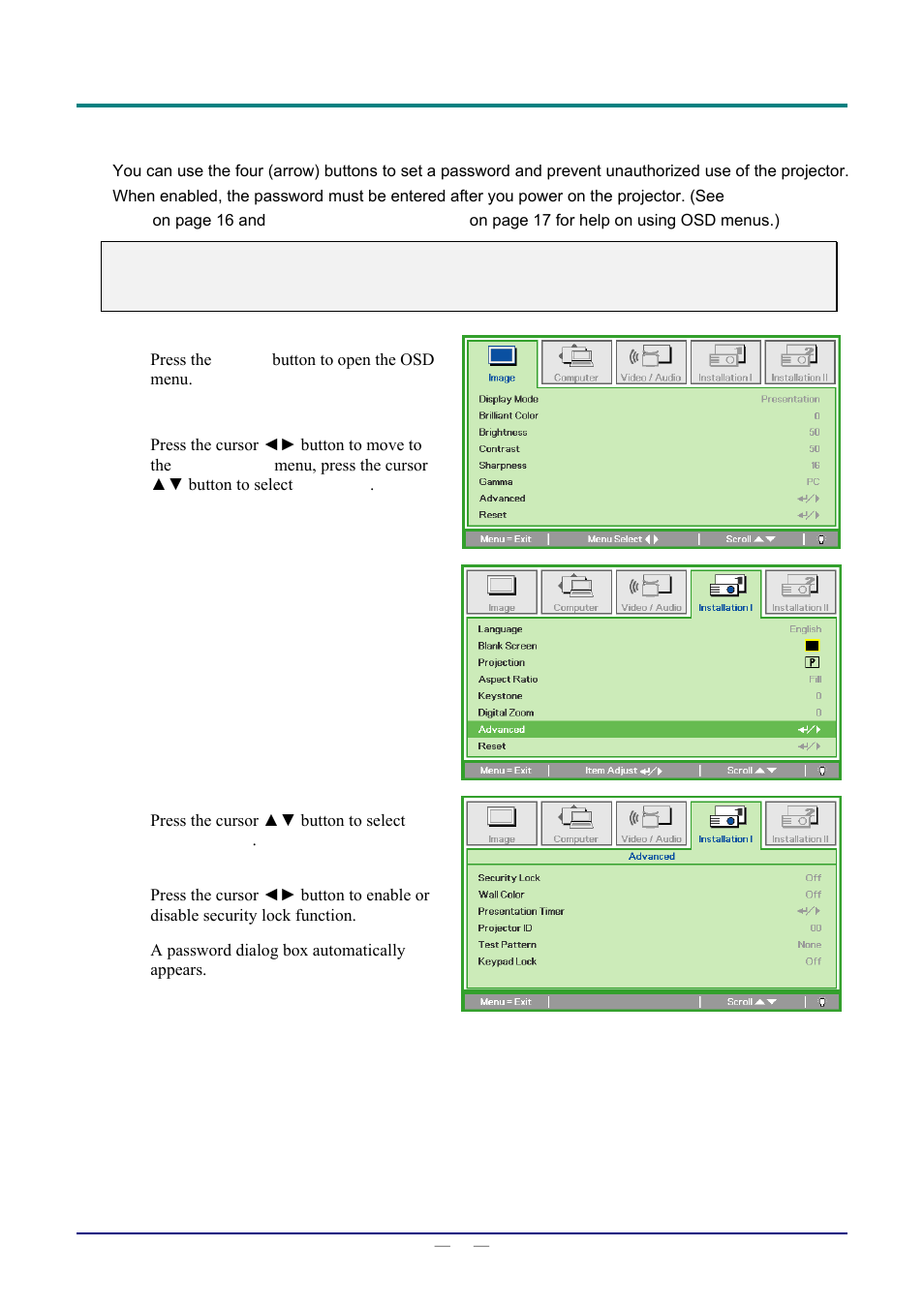 Setting an access password (security lock), Etting an, Ccess | Assword, Ecurity | Staub Electronics D803-3D VIVITEK - 3D DIGITAL PROJECTOR (3600 LUMENS) User Manual | Page 20 / 59