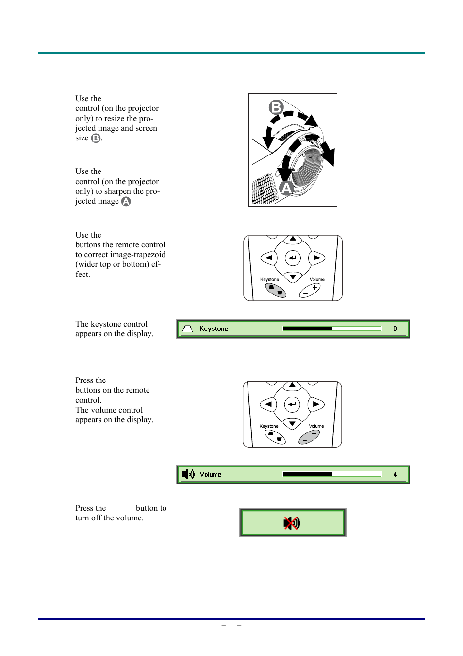 Adjusting the zoom, focus and keystone, Adjusting the volume, Djusting the | Ocus and, Eystone, Olume | Staub Electronics D803-3D VIVITEK - 3D DIGITAL PROJECTOR (3600 LUMENS) User Manual | Page 23 / 59