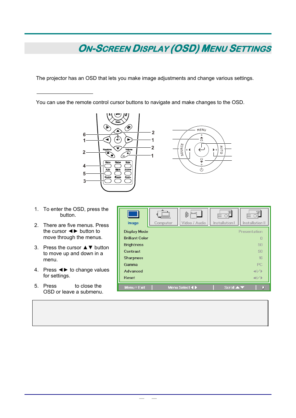 On-screen display (osd) menu settings, Osd menu controls, Navigating the osd | Ontrols, Navigating the, Osd), Creen, Isplay, Ettings | Staub Electronics D803-3D VIVITEK - 3D DIGITAL PROJECTOR (3600 LUMENS) User Manual | Page 24 / 59