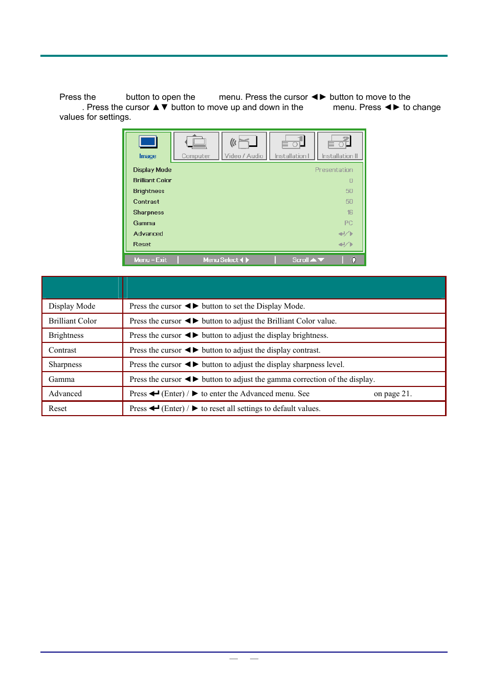 Image menu, Mage | Staub Electronics D803-3D VIVITEK - 3D DIGITAL PROJECTOR (3600 LUMENS) User Manual | Page 28 / 59