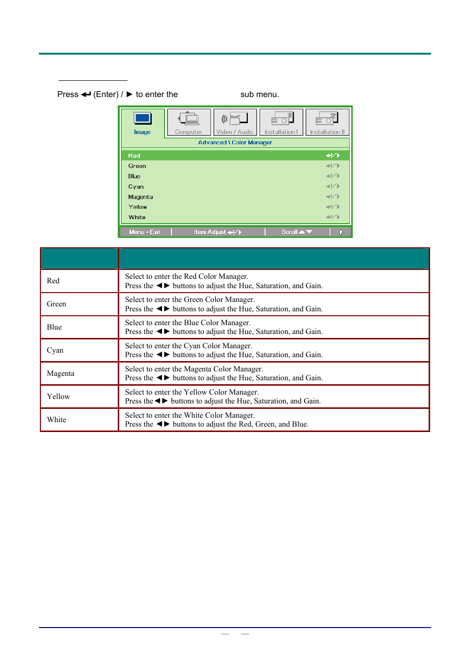 Color manager | Staub Electronics D803-3D VIVITEK - 3D DIGITAL PROJECTOR (3600 LUMENS) User Manual | Page 30 / 59