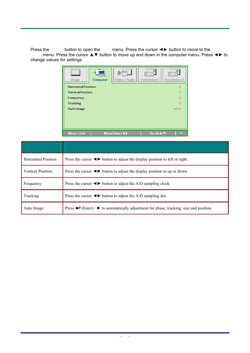 Computer menu, Omputer | Staub Electronics D803-3D VIVITEK - 3D DIGITAL PROJECTOR (3600 LUMENS) User Manual | Page 31 / 59