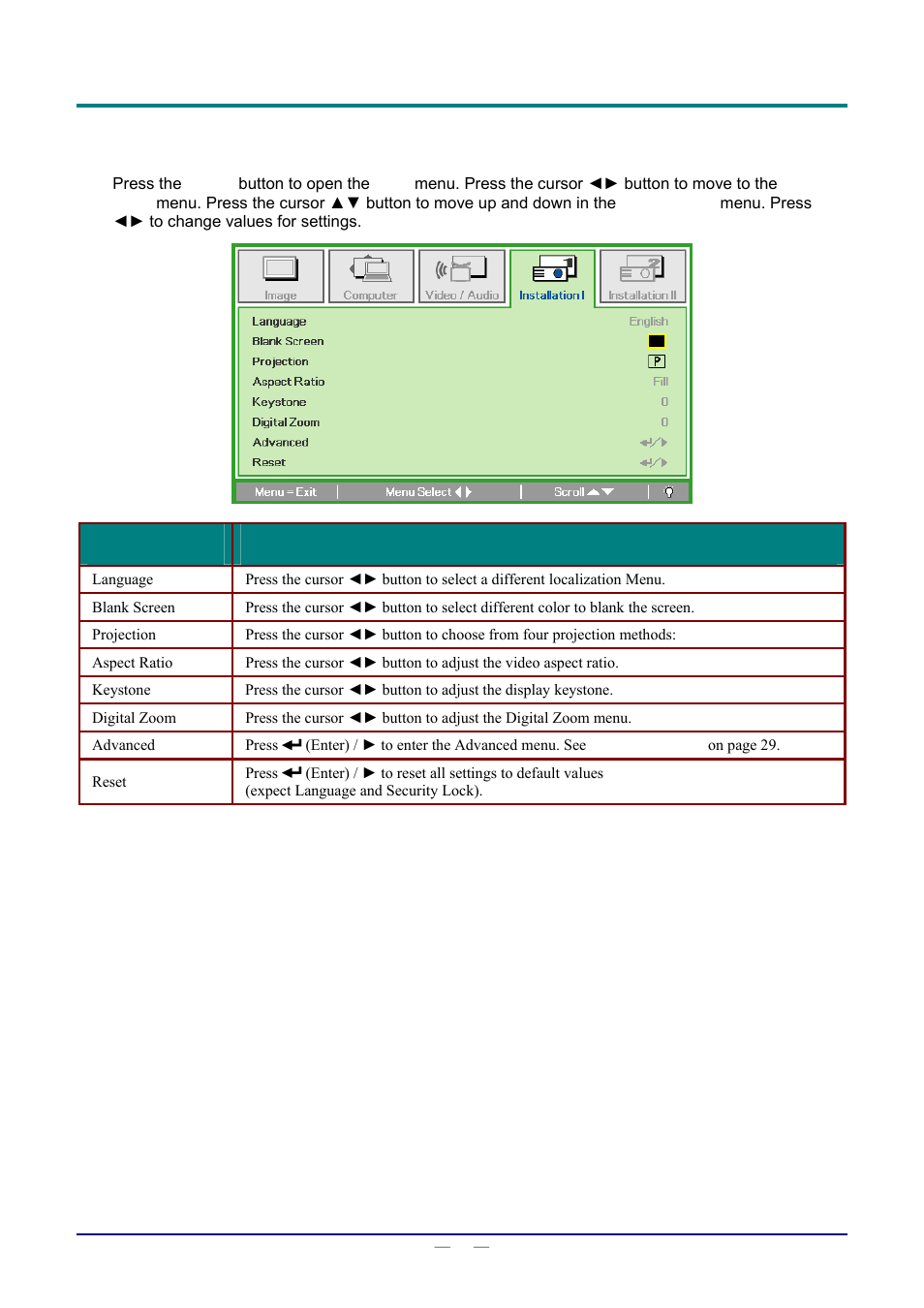 Installation i menu, Nstallation | Staub Electronics D803-3D VIVITEK - 3D DIGITAL PROJECTOR (3600 LUMENS) User Manual | Page 34 / 59