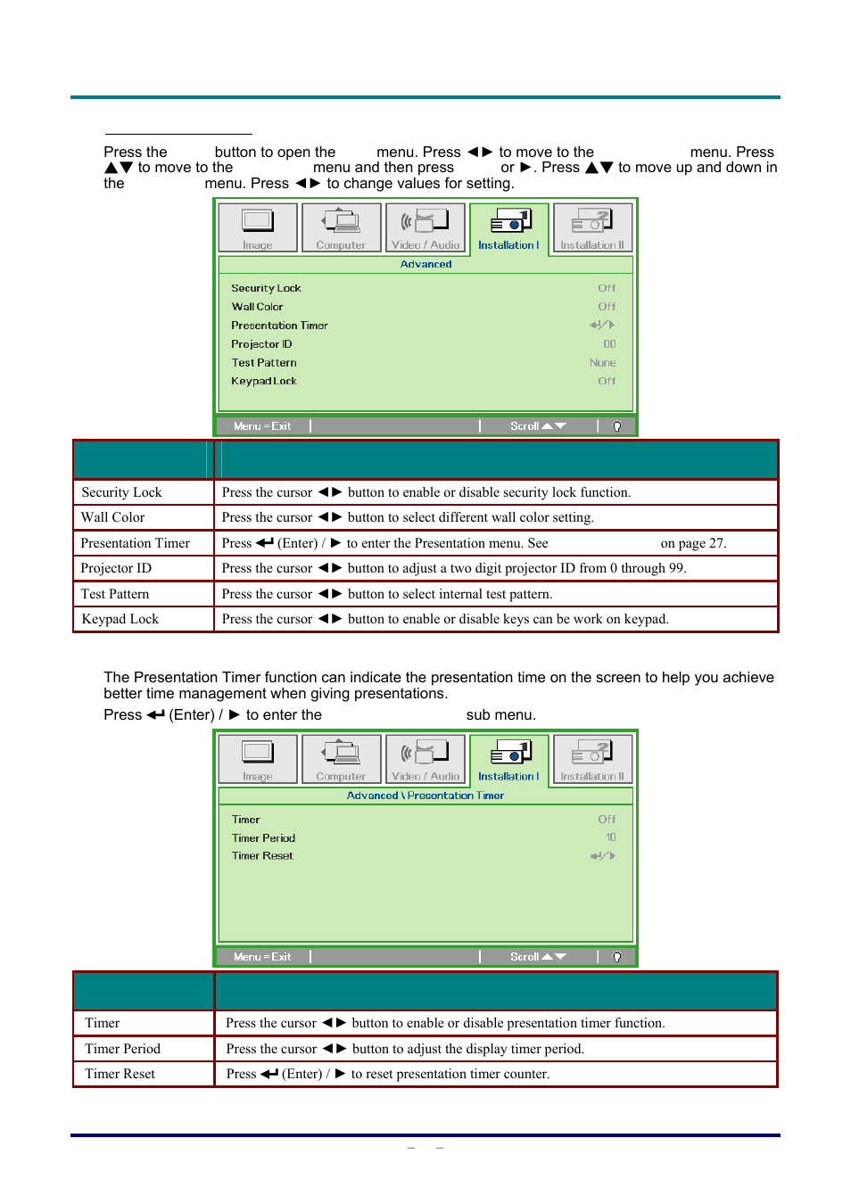 Advanced feature, Presentation timer | Staub Electronics D803-3D VIVITEK - 3D DIGITAL PROJECTOR (3600 LUMENS) User Manual | Page 35 / 59