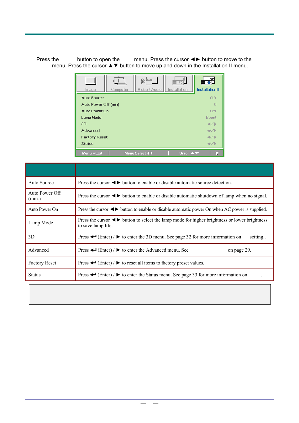 Installation ii menu, Nstallation | Staub Electronics D803-3D VIVITEK - 3D DIGITAL PROJECTOR (3600 LUMENS) User Manual | Page 36 / 59