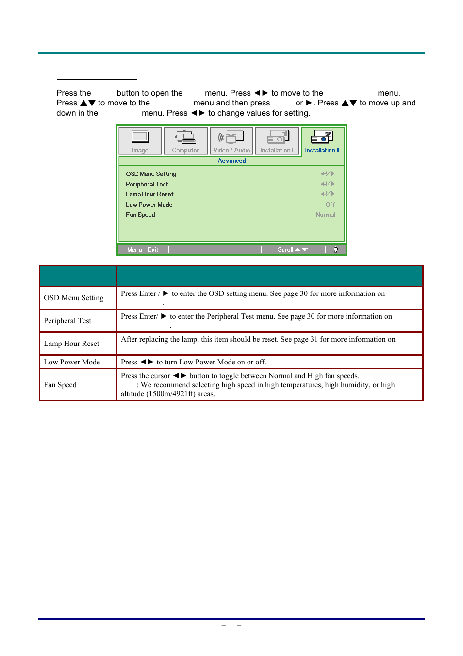 Advanced feature, Advanced feature o | Staub Electronics D803-3D VIVITEK - 3D DIGITAL PROJECTOR (3600 LUMENS) User Manual | Page 37 / 59