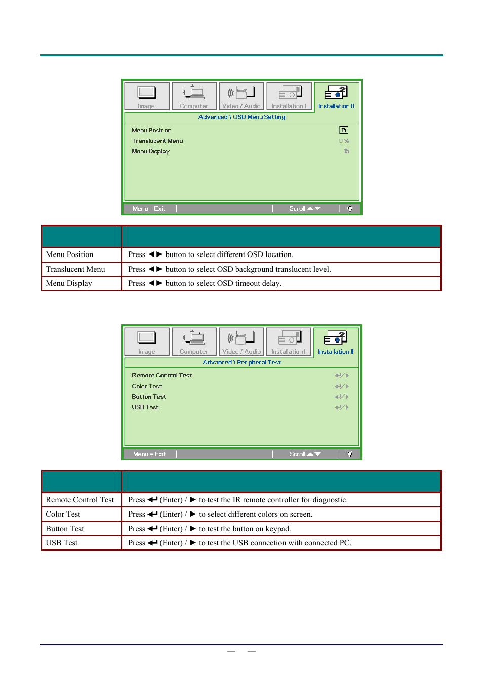 Osd menu setting, Peripheral test, Ge 30 fo | Staub Electronics D803-3D VIVITEK - 3D DIGITAL PROJECTOR (3600 LUMENS) User Manual | Page 38 / 59