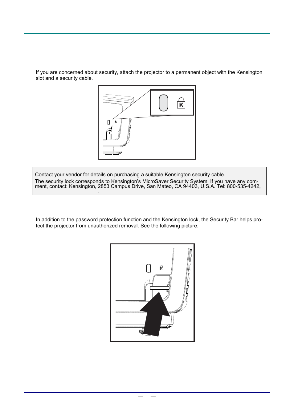 Using the kensington® lock, Using the security bar, Sing the | Ensington, Ecurity, Using the kensington, Lock | Staub Electronics D803-3D VIVITEK - 3D DIGITAL PROJECTOR (3600 LUMENS) User Manual | Page 46 / 59