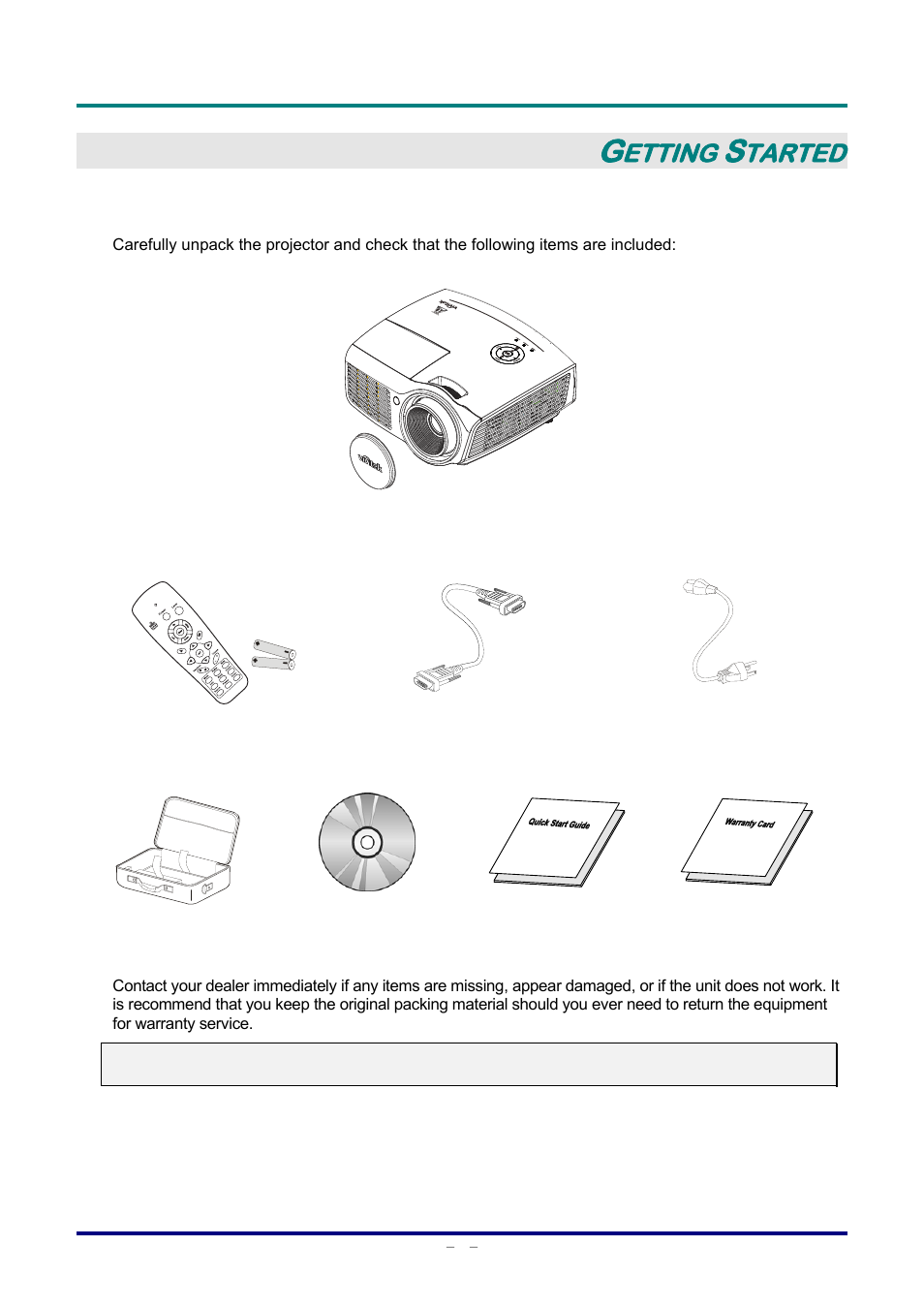 Getting started, Packing checklist, Acking | Hecklist, Etting, Tarted | Staub Electronics D803-3D VIVITEK - 3D DIGITAL PROJECTOR (3600 LUMENS) User Manual | Page 9 / 59