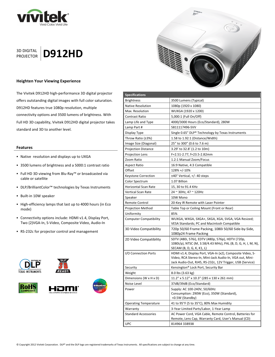 Staub Electronics D912HD VIVITEK - 1080P 3D DIGITAL PROJECTOR (3500 LUMENS) User Manual | 1 page