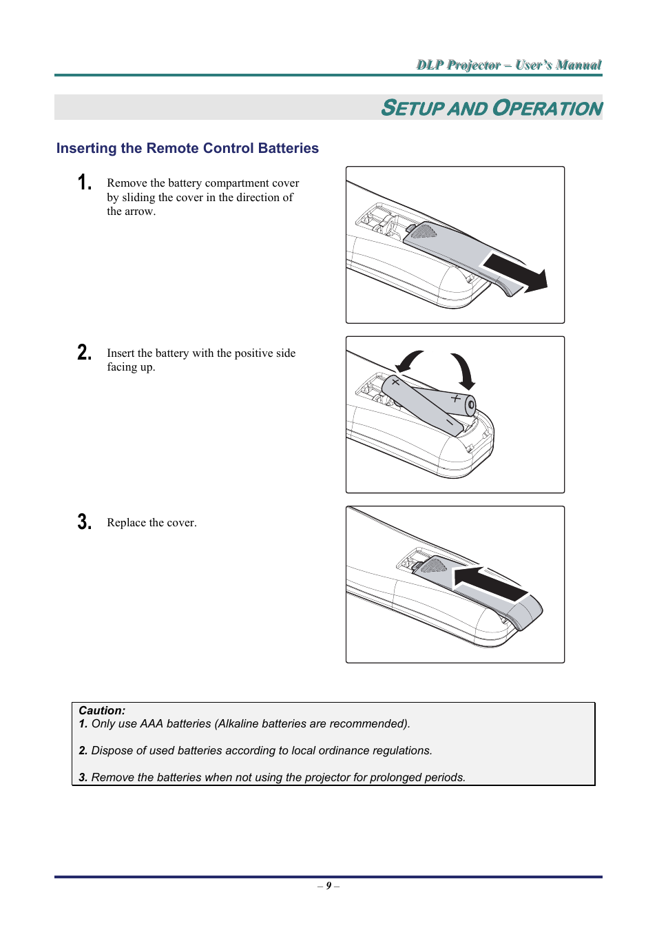 Setup and operation, Inserting the remote control batteries, Nserting the | Emote, Ontrol, Atteries, Etup and, Peration | Staub Electronics D963HD VIVITEK - 1080P MULTIMEDIA PROJECTOR (4500 LUMENS) User Manual | Page 16 / 59