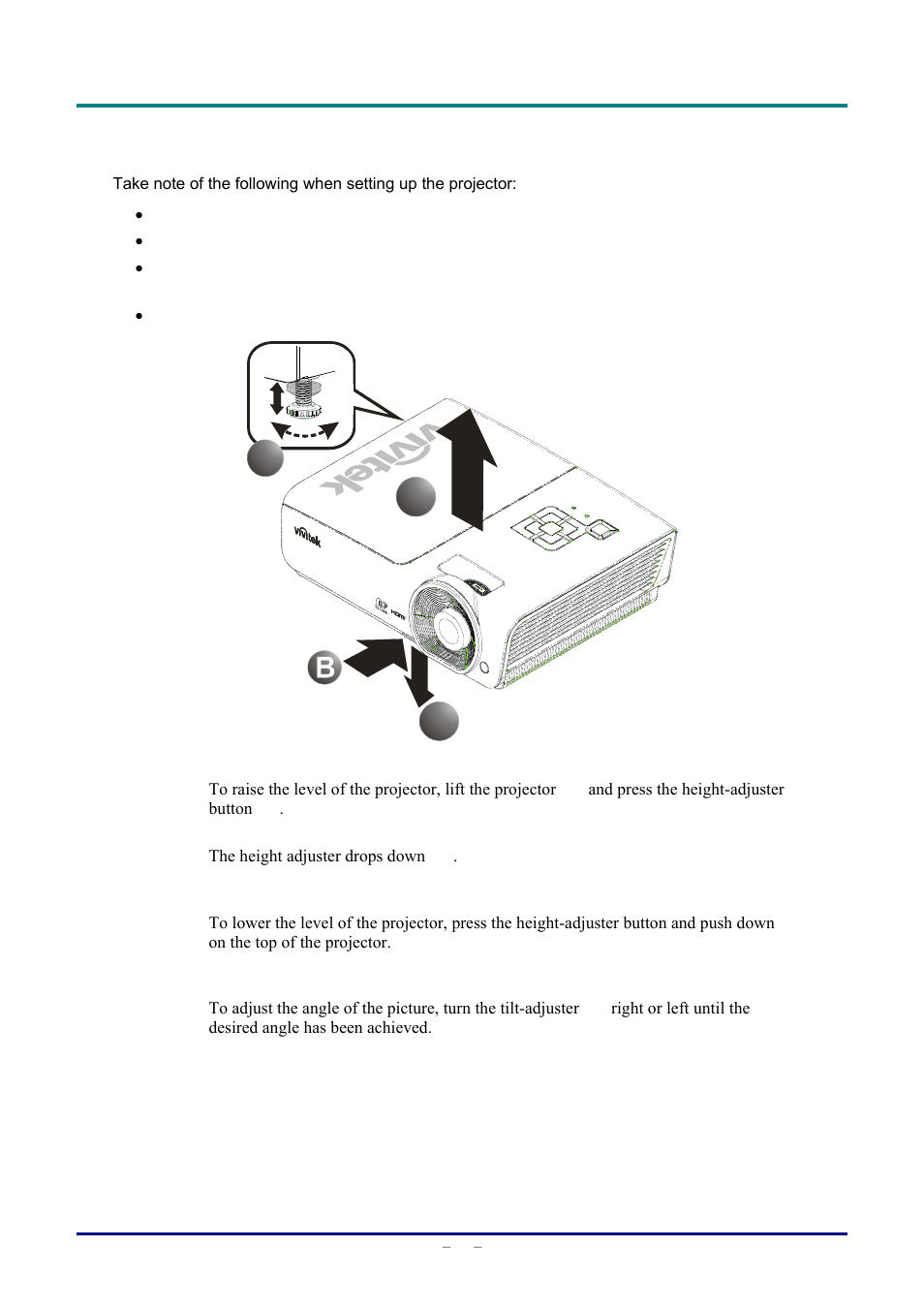 Adjusting the projector level, Djusting the, Rojector | Evel | Staub Electronics D963HD VIVITEK - 1080P MULTIMEDIA PROJECTOR (4500 LUMENS) User Manual | Page 20 / 59