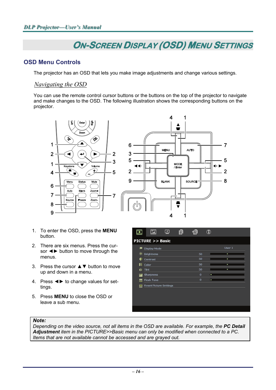 On-screen display (osd) menu settings, Osd menu controls, Navigating the osd | Osd m, Ontrols, Osd), Creen, Isplay, Ettings | Staub Electronics D963HD VIVITEK - 1080P MULTIMEDIA PROJECTOR (4500 LUMENS) User Manual | Page 23 / 59