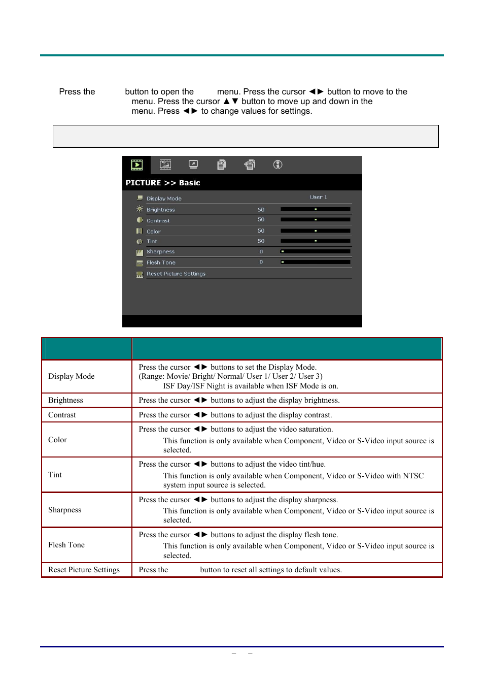 Picture>>basic menu, Picture>>b, Asic | Staub Electronics D963HD VIVITEK - 1080P MULTIMEDIA PROJECTOR (4500 LUMENS) User Manual | Page 26 / 59