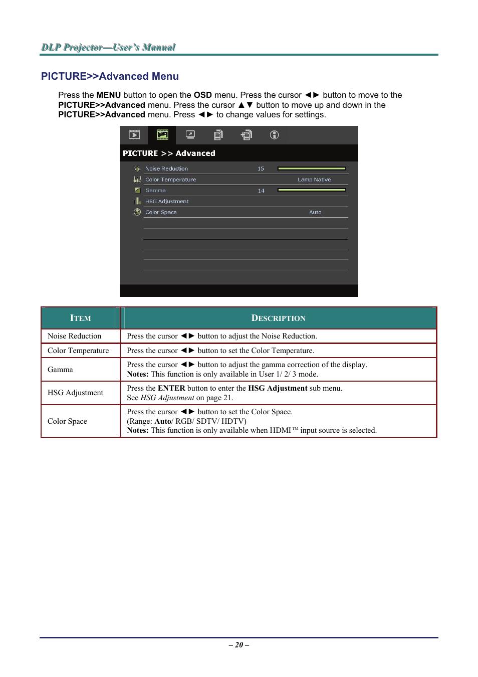 Picture>>advanced menu, Picture>>a, Dvanced | Staub Electronics D963HD VIVITEK - 1080P MULTIMEDIA PROJECTOR (4500 LUMENS) User Manual | Page 27 / 59