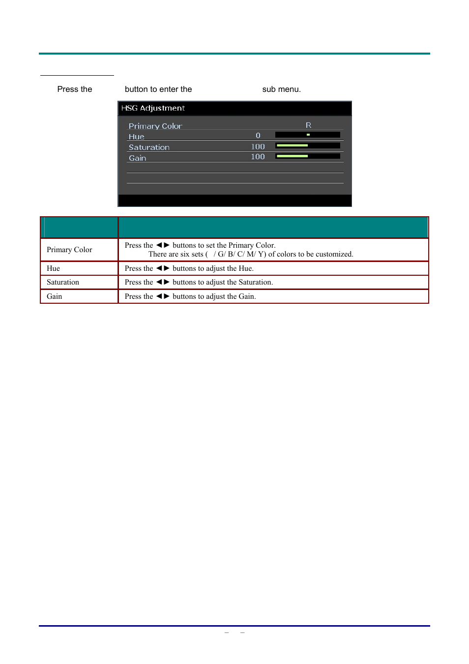 Hsg adjustment | Staub Electronics D963HD VIVITEK - 1080P MULTIMEDIA PROJECTOR (4500 LUMENS) User Manual | Page 28 / 59