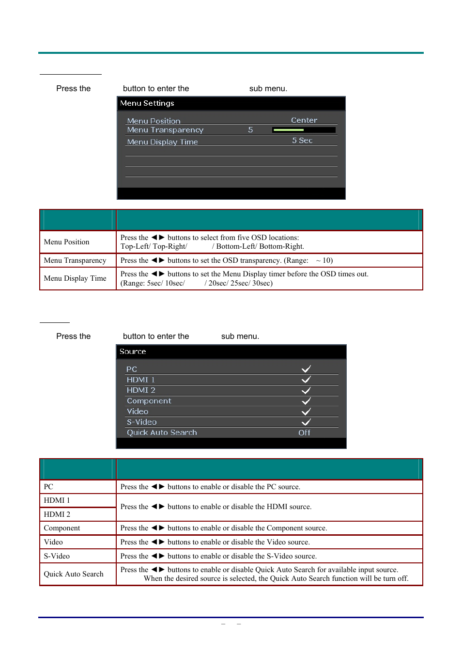 Menu settings, Source | Staub Electronics D963HD VIVITEK - 1080P MULTIMEDIA PROJECTOR (4500 LUMENS) User Manual | Page 32 / 59