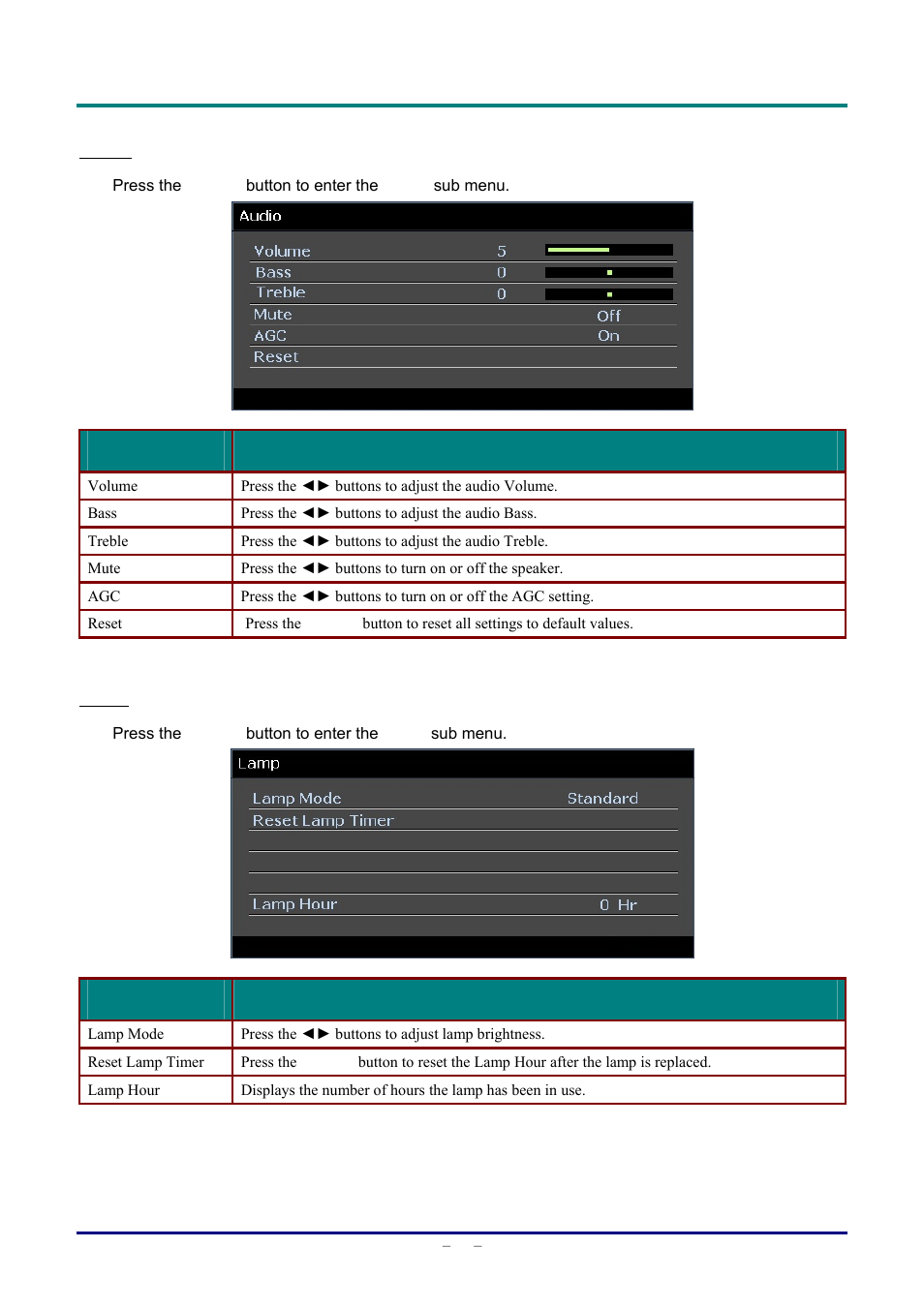 Audio, Lamp | Staub Electronics D963HD VIVITEK - 1080P MULTIMEDIA PROJECTOR (4500 LUMENS) User Manual | Page 40 / 59