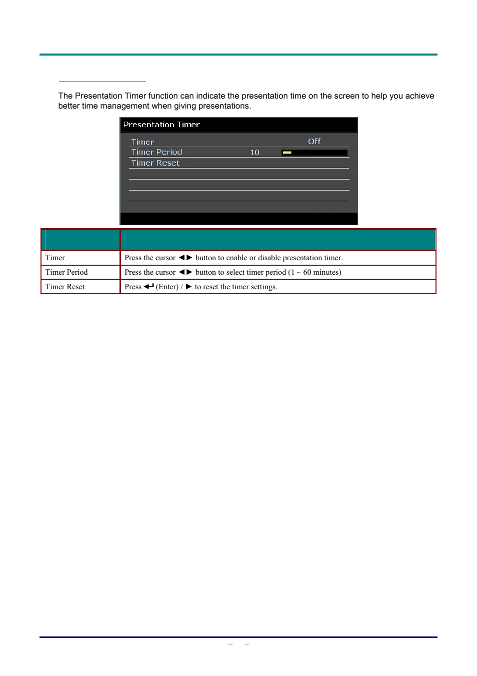 Presentation timer | Staub Electronics D963HD VIVITEK - 1080P MULTIMEDIA PROJECTOR (4500 LUMENS) User Manual | Page 42 / 59