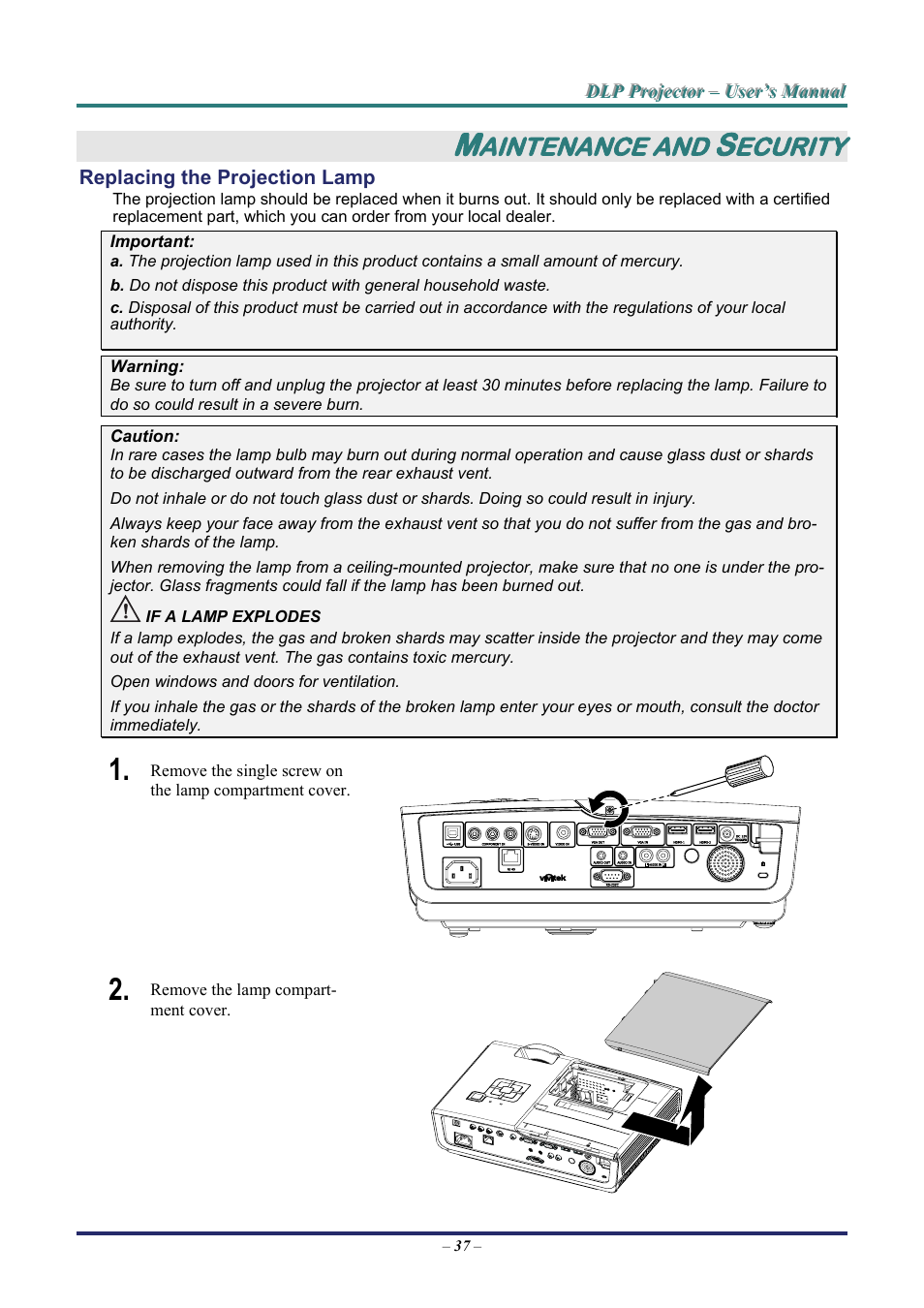 Maintenance and security, Replacing the projection lamp, Ge 37 | Eplacing the, Rojection, Aintenance and, Ecurity | Staub Electronics D963HD VIVITEK - 1080P MULTIMEDIA PROJECTOR (4500 LUMENS) User Manual | Page 44 / 59