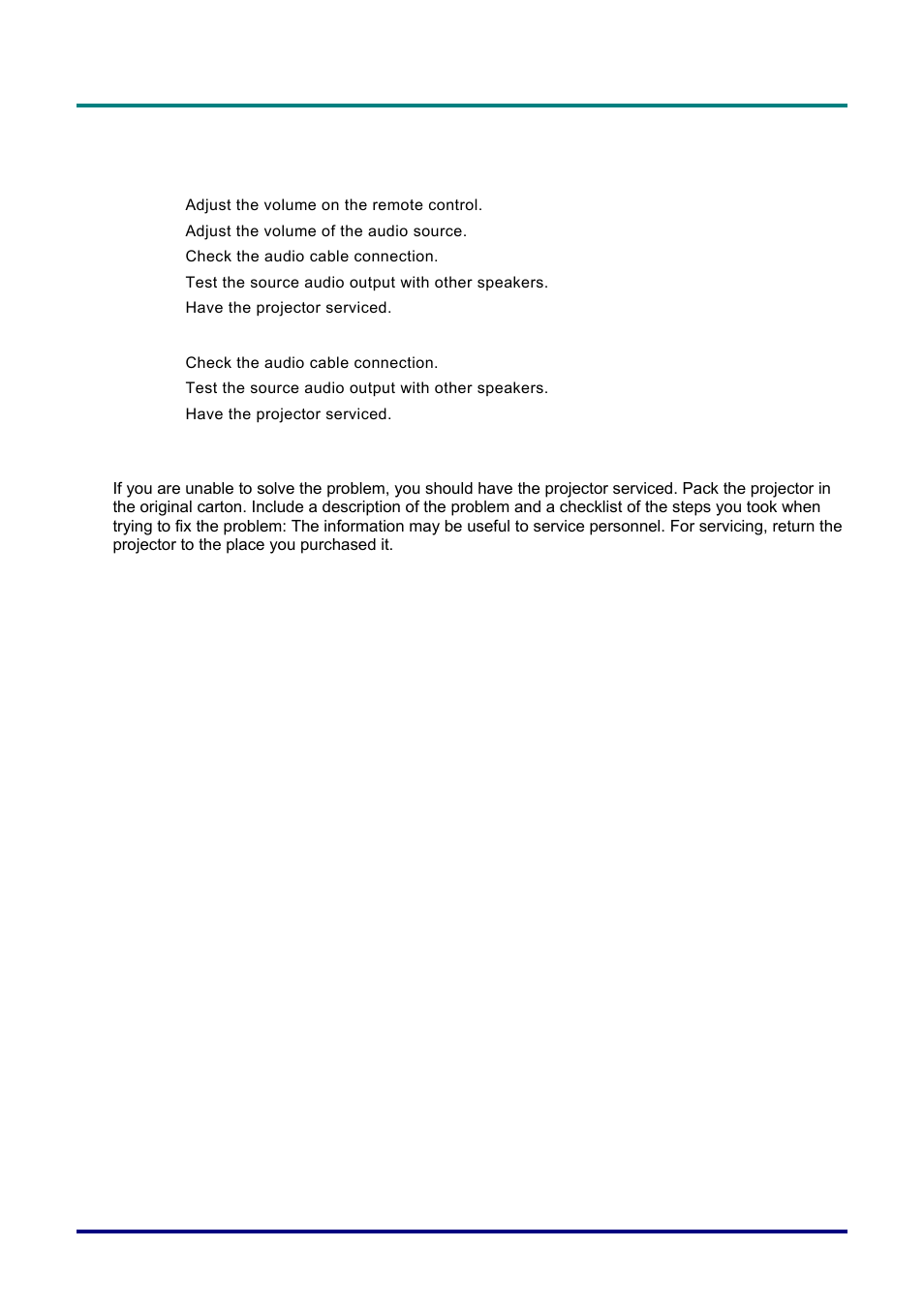 Audio problems, Having the projector serviced, Udio | Roblems, Aving the, Rojector, Erviced | Staub Electronics D963HD VIVITEK - 1080P MULTIMEDIA PROJECTOR (4500 LUMENS) User Manual | Page 51 / 59