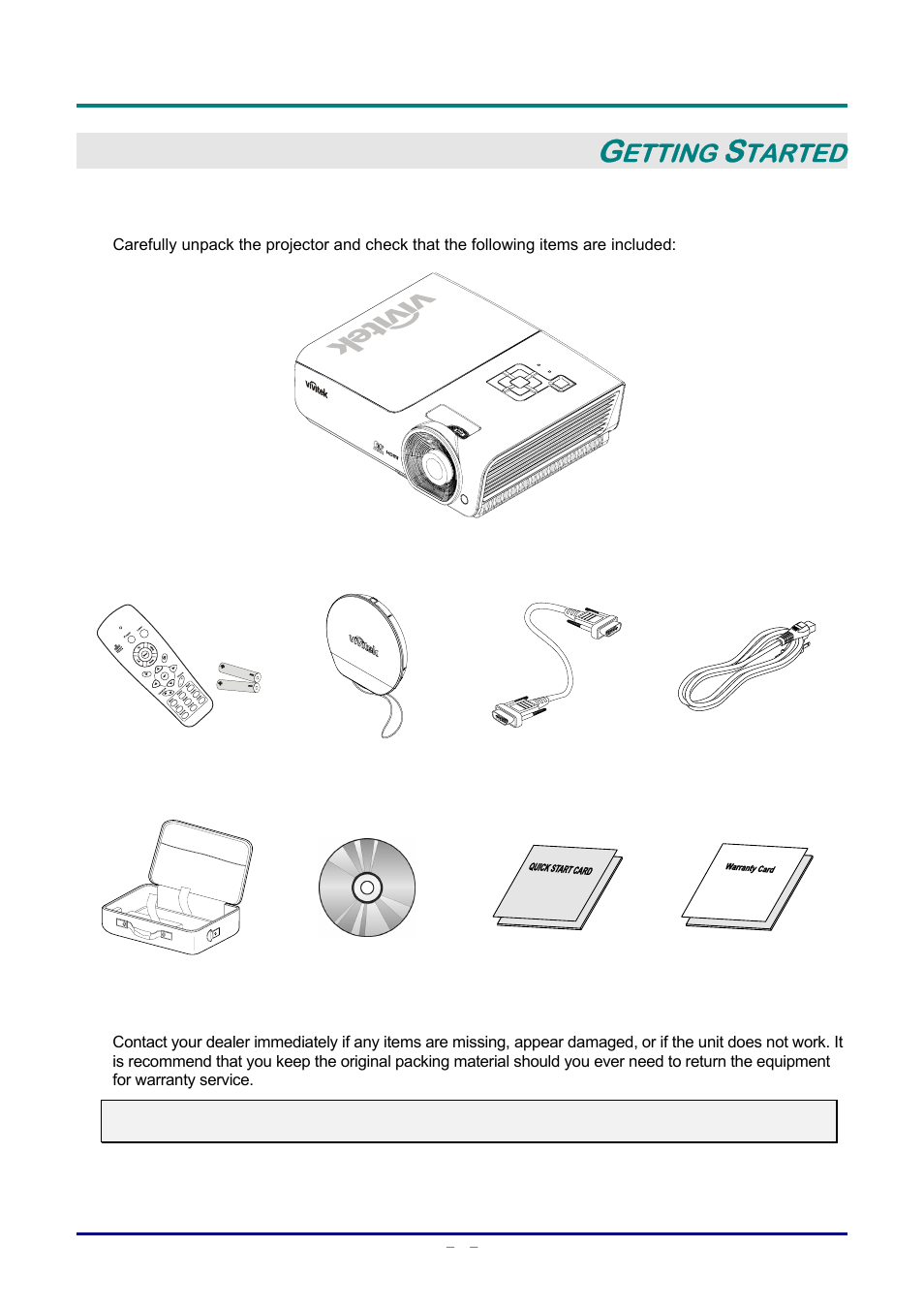 Getting started, Packing checklist, Acking | Hecklist, Etting, Tarted | Staub Electronics D963HD VIVITEK - 1080P MULTIMEDIA PROJECTOR (4500 LUMENS) User Manual | Page 8 / 59