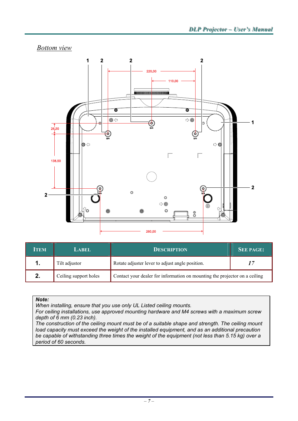 Bottom view | Staub Electronics H5085 VIVITEK - 1080P HOME THEATRE PROJECTOR (1800 LUMENS) User Manual | Page 13 / 56