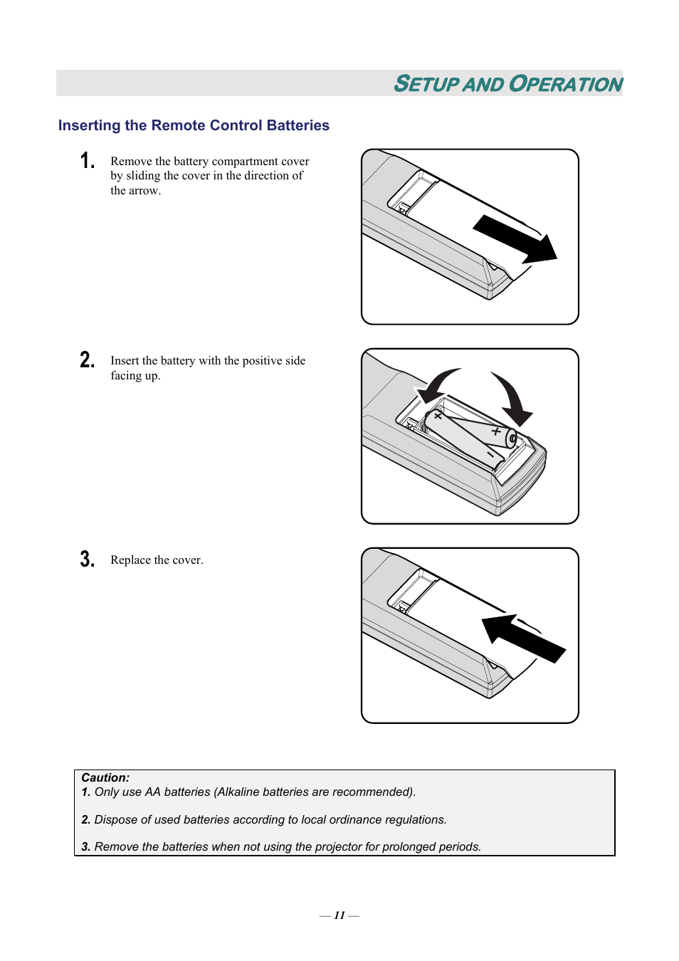 Setup and operation, Inserting the remote control batteries, Nserting the | Emote, Ontrol, Atteries, Etup and, Peration | Staub Electronics H5085 VIVITEK - 1080P HOME THEATRE PROJECTOR (1800 LUMENS) User Manual | Page 17 / 56